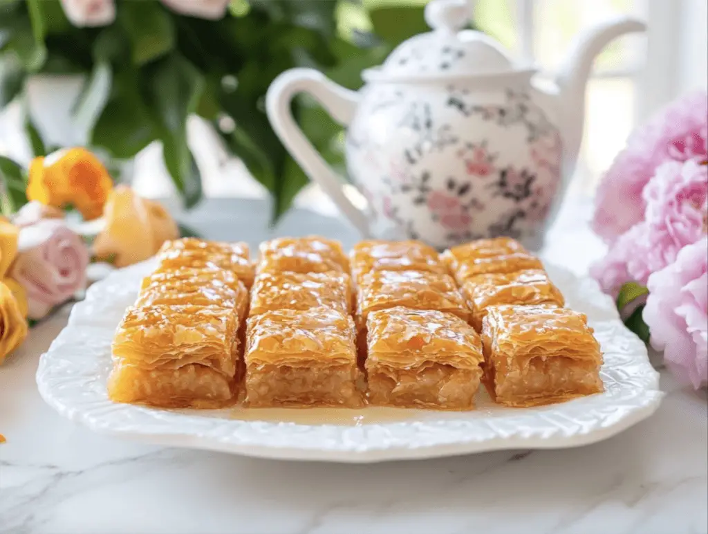 Lebanese baklava drizzled with floral syrup on a white plate.
